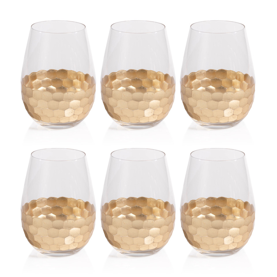 Victoria Stemless Gold Wine Glasses, Set 6 - Glass Stem Detail | Bone & Brass