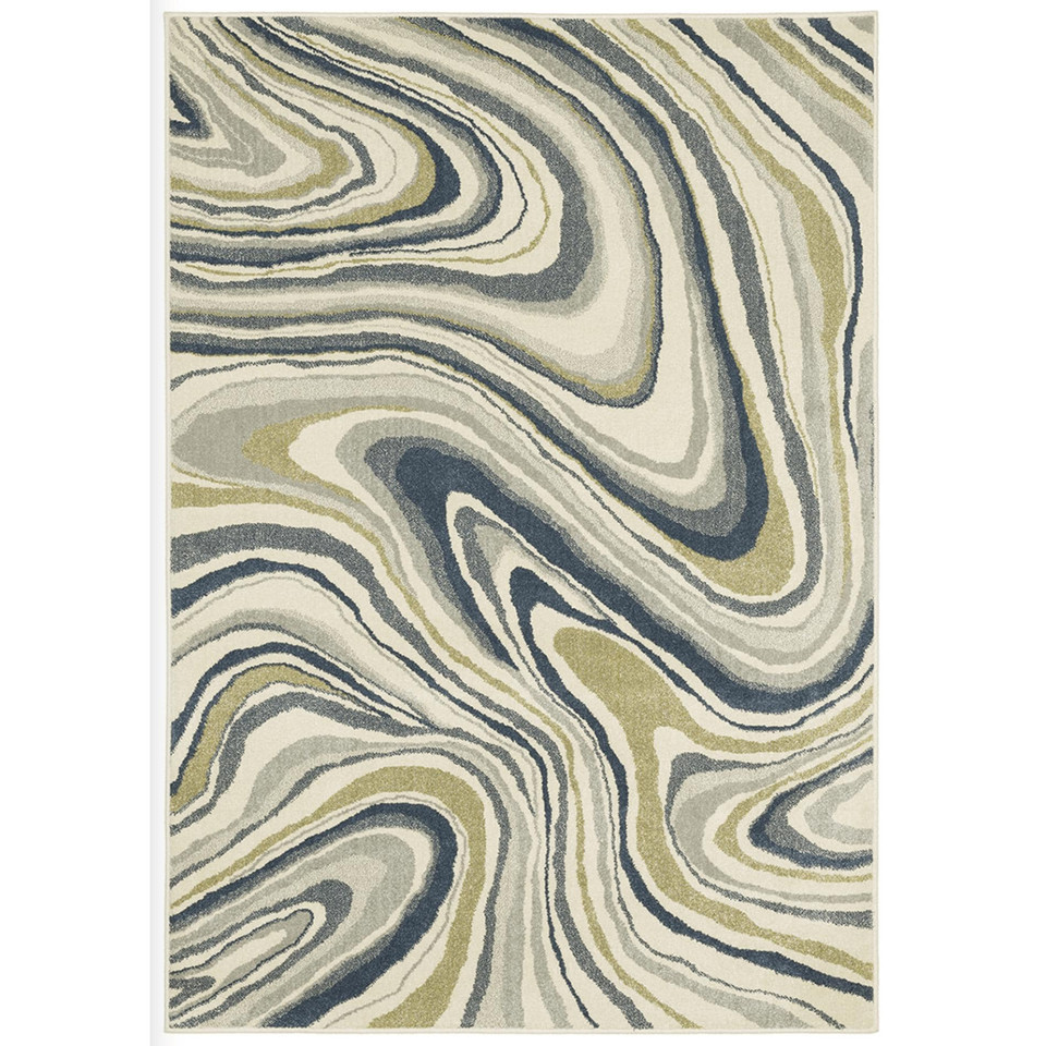 Branson Ivory & Blue Abstract Rug, power-loomed polypropylene with swirling navy, soft blue, moss green, and neutral tones.