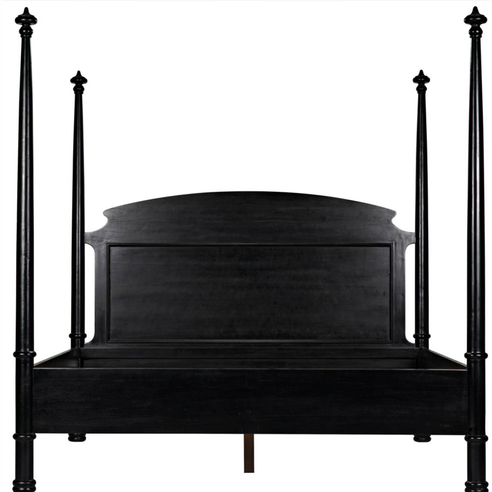 Douglas Four Poster Bed, hand-carved solid mahogany with hand-rubbed black finish, decorative finials.