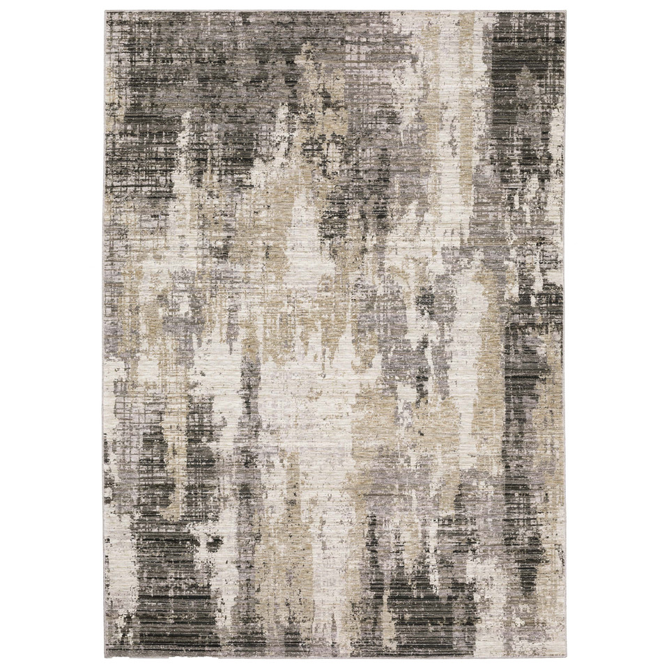 Contemporary polyester rug with abstract ivory, grey, and black patterns.