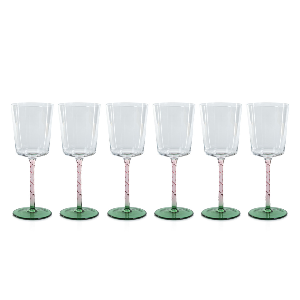 Sachi Green & Pink White Wine Glasses, Set 6 - Glass Stem Detail | Bone & Brass