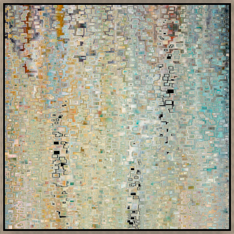 Abstract giclee painting, "Resolution I," by Mark Lawrence, featuring sunlit movement with coastal elegance.