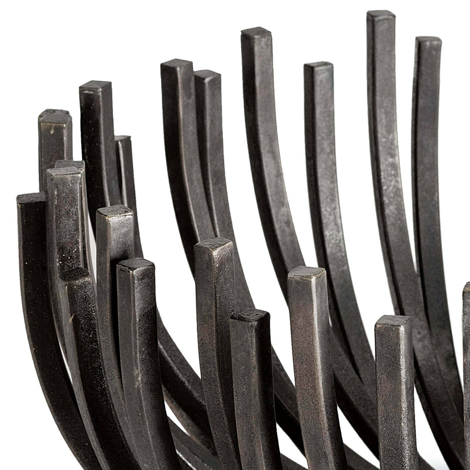 Blackened iron webbed circle decorative bowl with sculpted, curved metal rods.