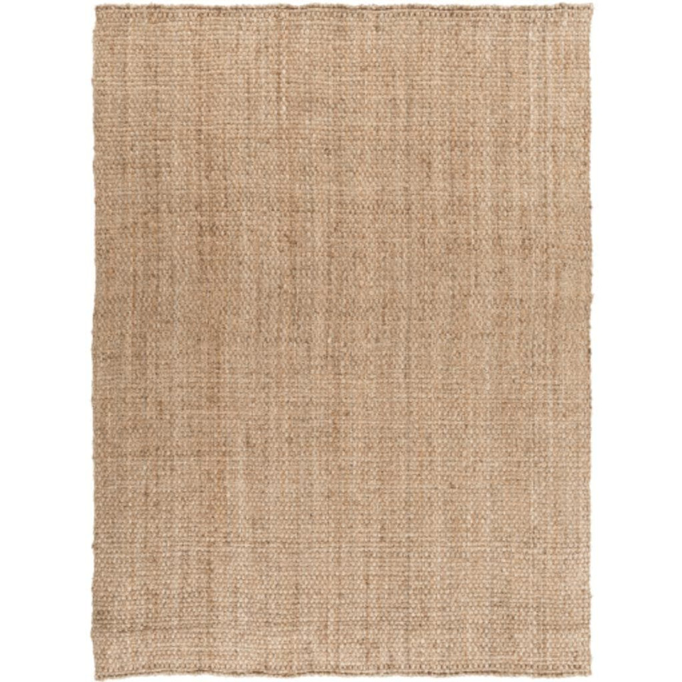 Tan hand-woven jute rug with a natural, textured weave and no pile.