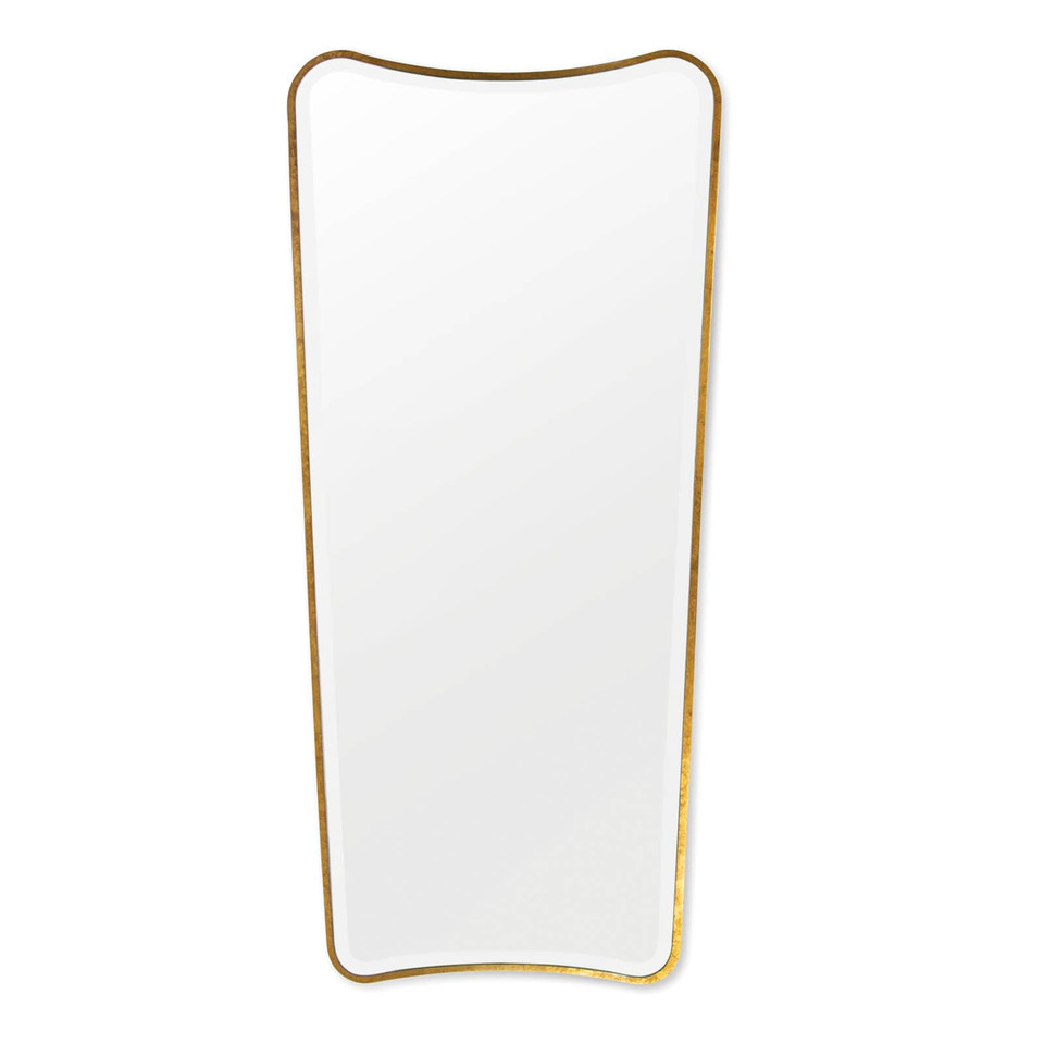 Sonnet dressing room mirror with a tall, rectangular beveled glass and a distressed gold leaf frame.