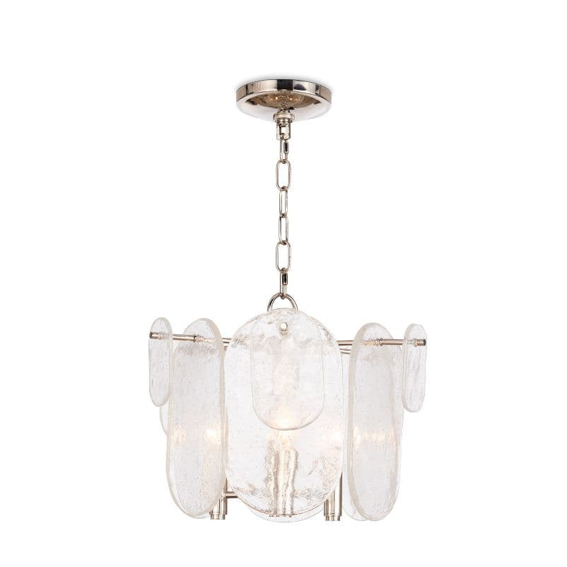Modern Echo Pendant with clear water glass panes and polished nickel hardware.