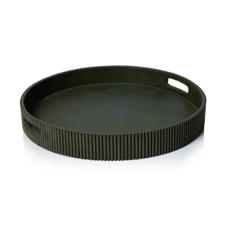 Round Fluted Green Leather Tray | Bone & Brass