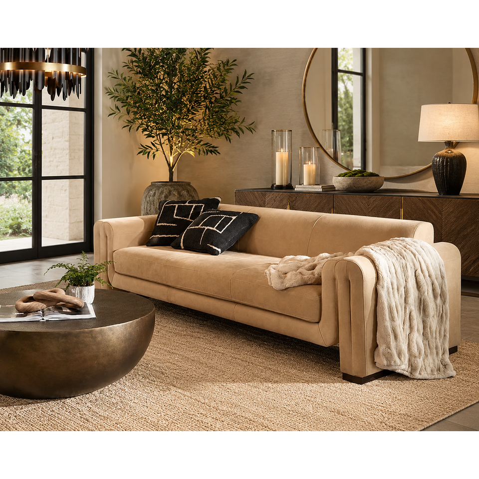 Romer Distressed Nubuck Tan Leather Sofa, view 2