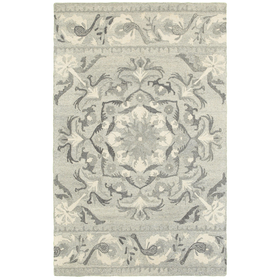 Heathered gray & ivory casual rug with a detailed floral medallion and border design.