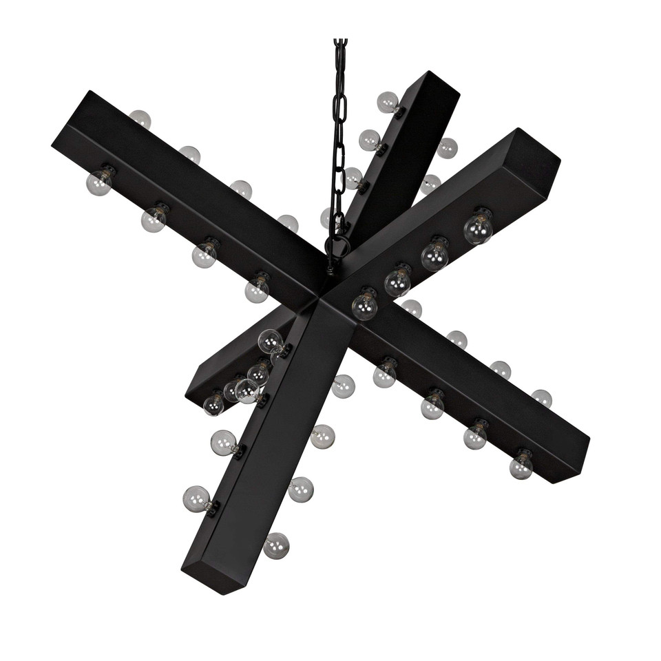 Cruzar Black Steel Chandelier with multiple small bulbs on intersecting beams.