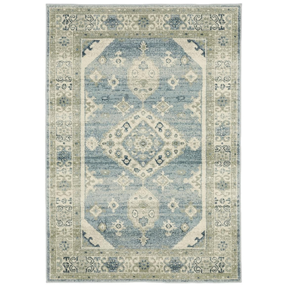 Branson Blue & Beige Traditional Rug, power-loomed polypropylene with classic medallion and border design.