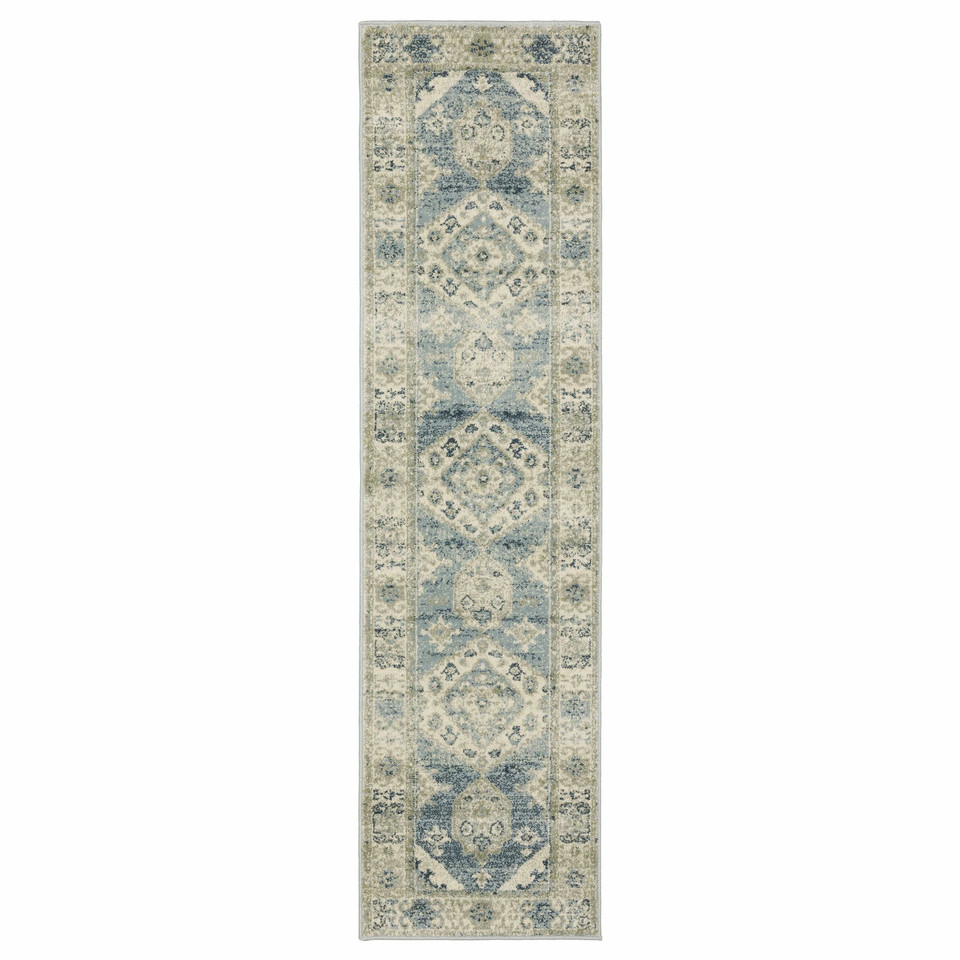 Branson Blue & Beige Traditional Rug, power-loomed polypropylene runner with classic medallion patterns.
