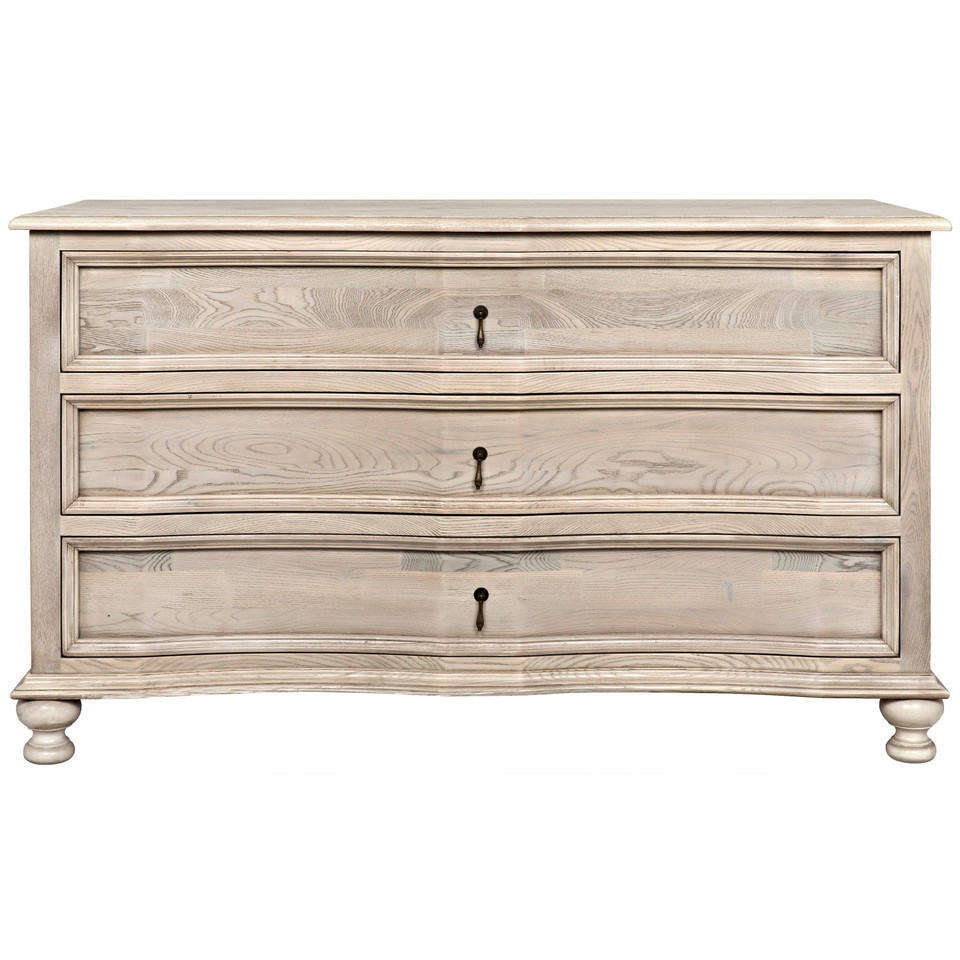 Vintage gray solid elm 3-drawer chest with curved front, natural wood grain, and dark metal hardware.
