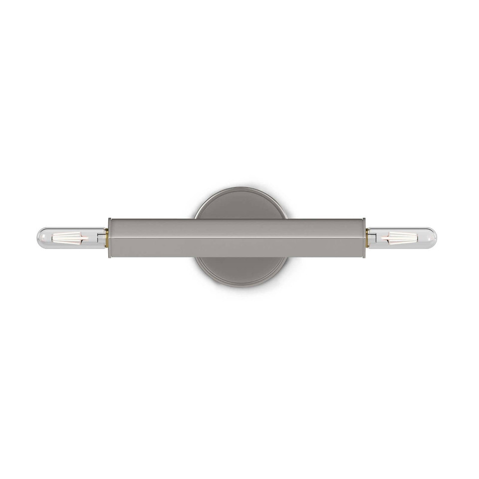 Viper Sconce in polished nickel, a modern 11" wide horizontal light fixture with two exposed candelabra bulbs.