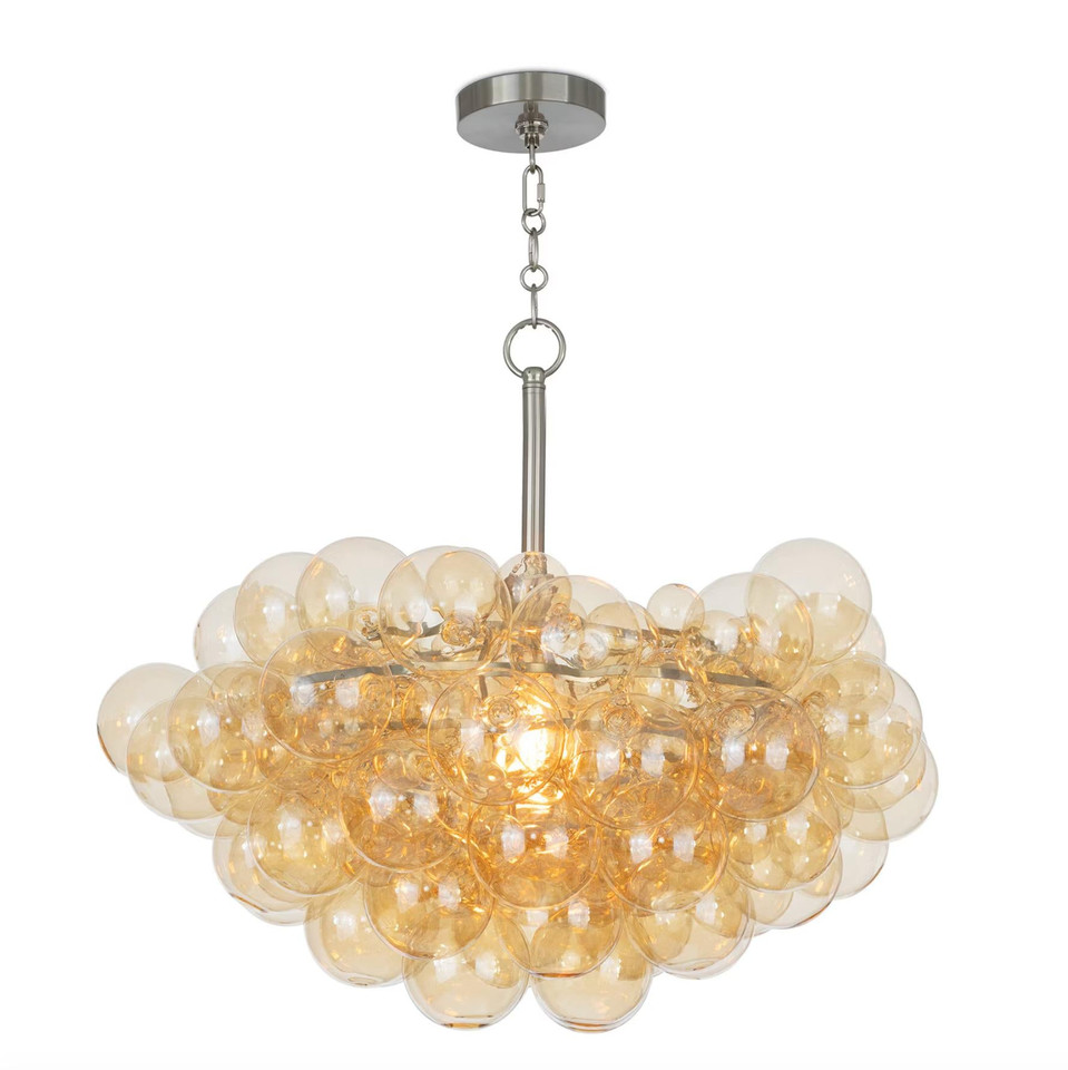 Bubbles Amber Glass Chandelier with a cluster of hand-blown amber glass globes and a brushed nickel finish.