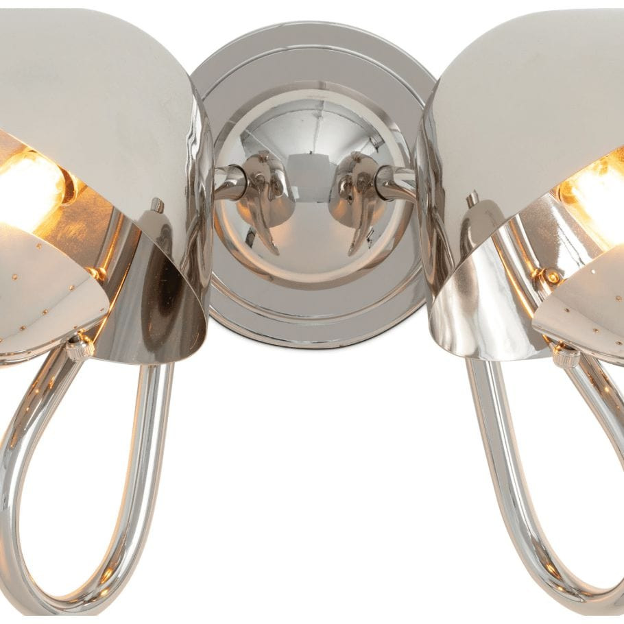 Keaton Double Sconce with polished nickel finish, perforated metal diffusers, and exposed bulbs.