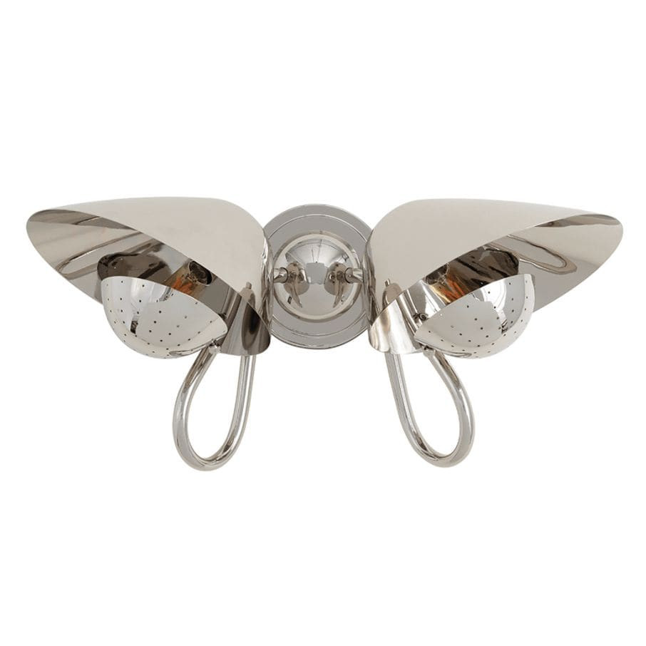 Keaton Double Sconce: Polished nickel wall light with two perforated metal diffusers and curved arms.
