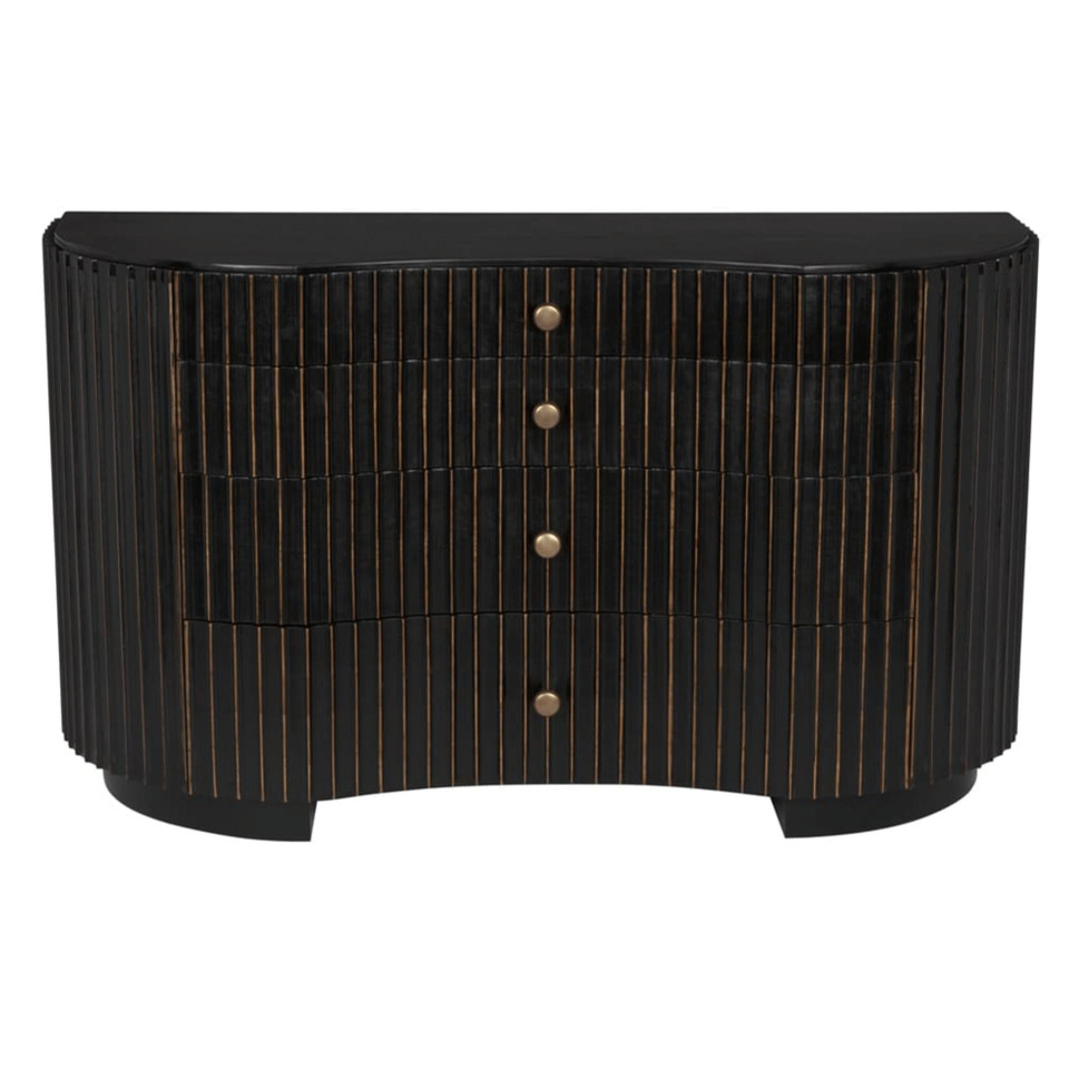 Irene curved black dresser with fluted front, gold pinstripes, and brass pulls.