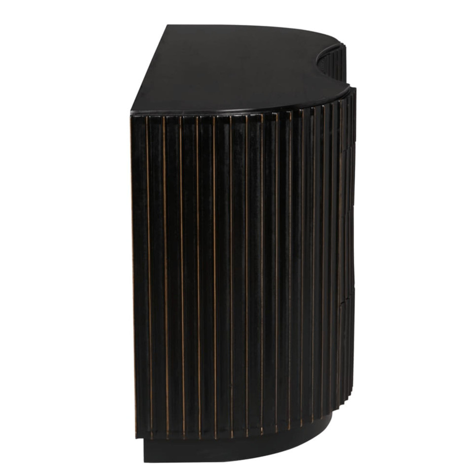 Irene curved fluted black dresser with gold pinstripes and brass pulls.