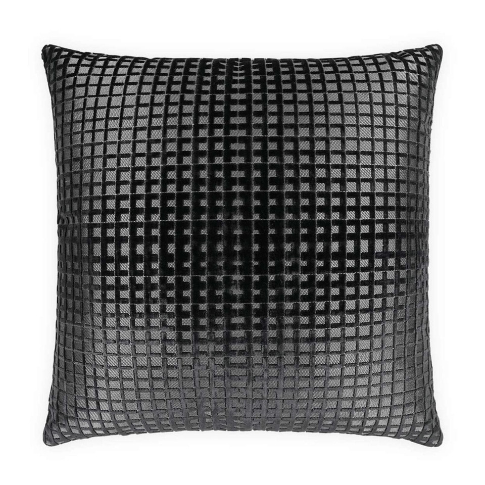 Luxury 24x24 inch black polyester viscose throw pillow with a textured grid pattern and feather down insert.