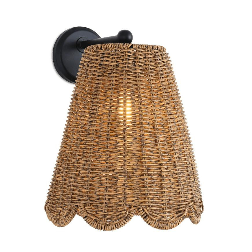 Summer Rattan Outdoor Sconce with a woven natural rattan shade and black wall mount, glowing with soft light.