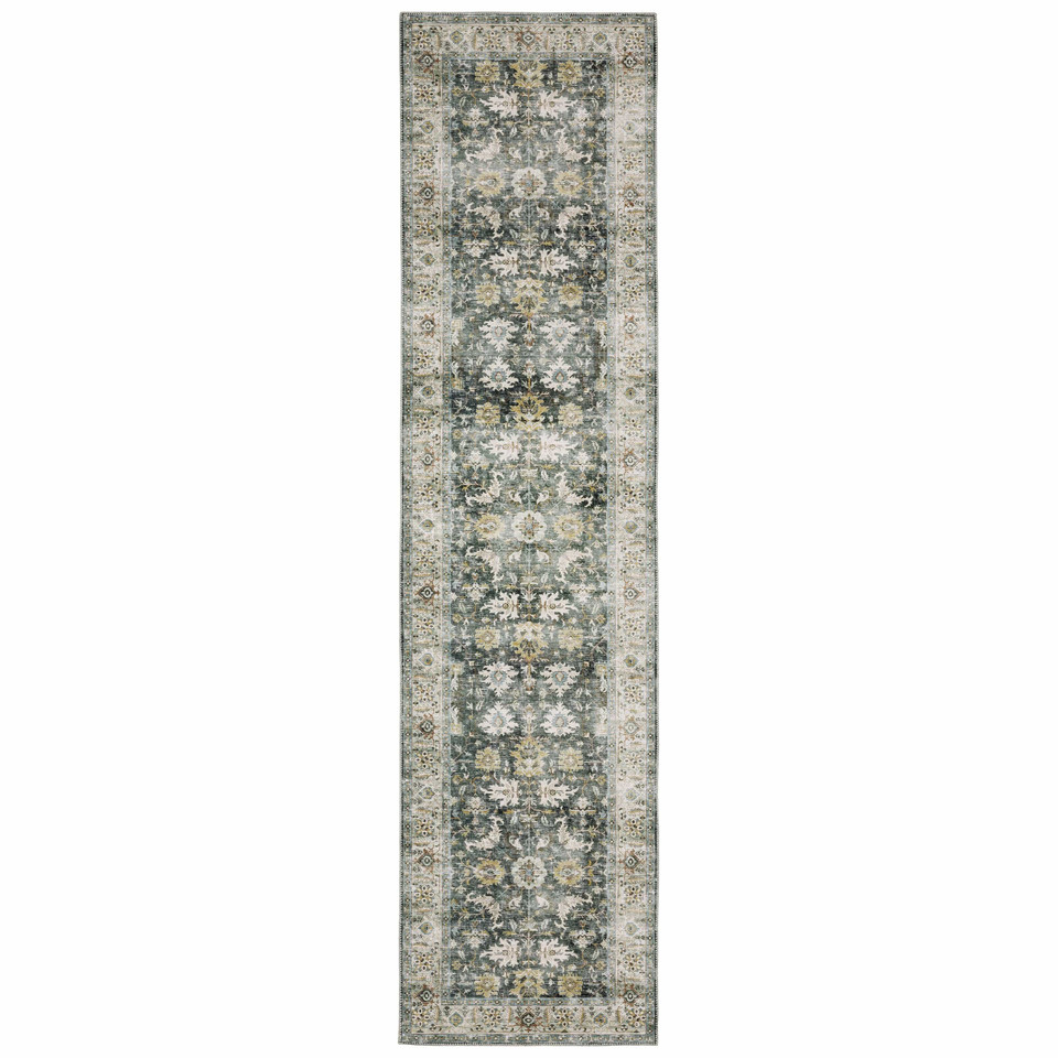 Charleston Charcoal & Gold washable runner rug with distressed traditional patterns and blanket stitch finish.
