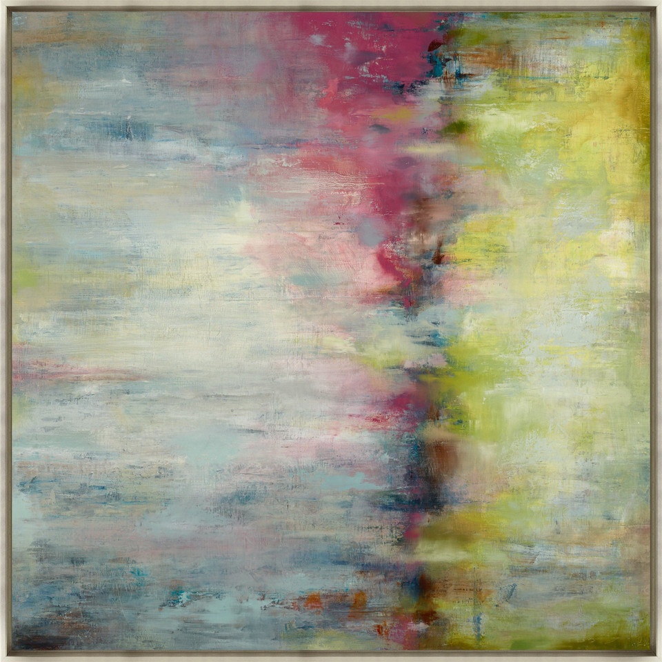 Abstract giclee painting with vibrant pink, blue, yellow, and cream hues, featuring brush strokes and a gallery-wrapped finish.