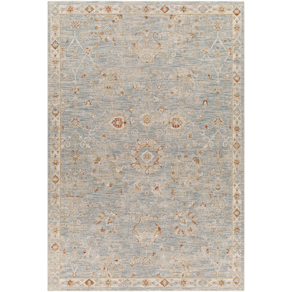 Avant Garde Blue & Light Beige Rug with traditional floral and medallion patterns, machine-woven polyester blend.