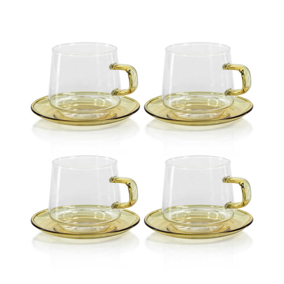 Bagliano Yellow Glass Tea & Coffee Cups & Saucers, Set of 4 - Mug Handle Detail | Bone & Brass