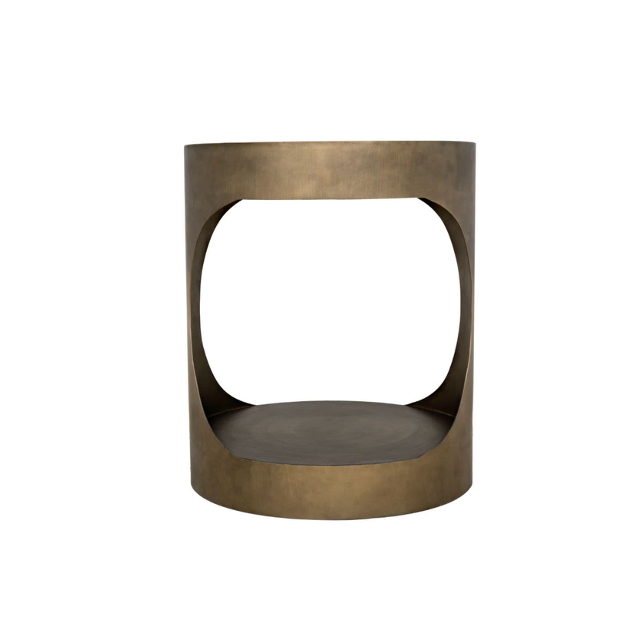 Eclipse Round Aged Brass Side Table, modern metal design with oval cutout.