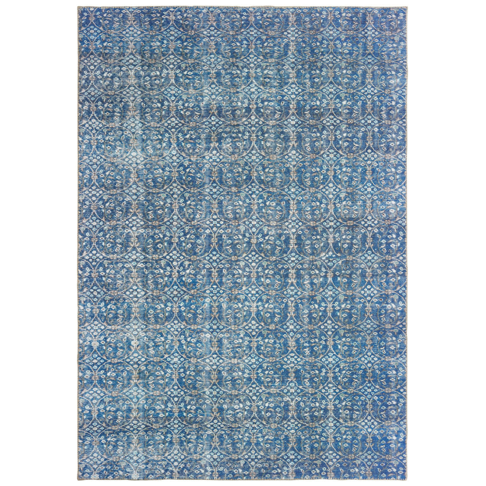 Sofia Blue & Brown Casual Rug with distressed traditional pattern, polyester chenille.