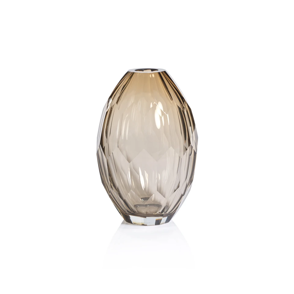 Nixon Taupe Hand Cut Glass Vase, Large | Bone & Brass