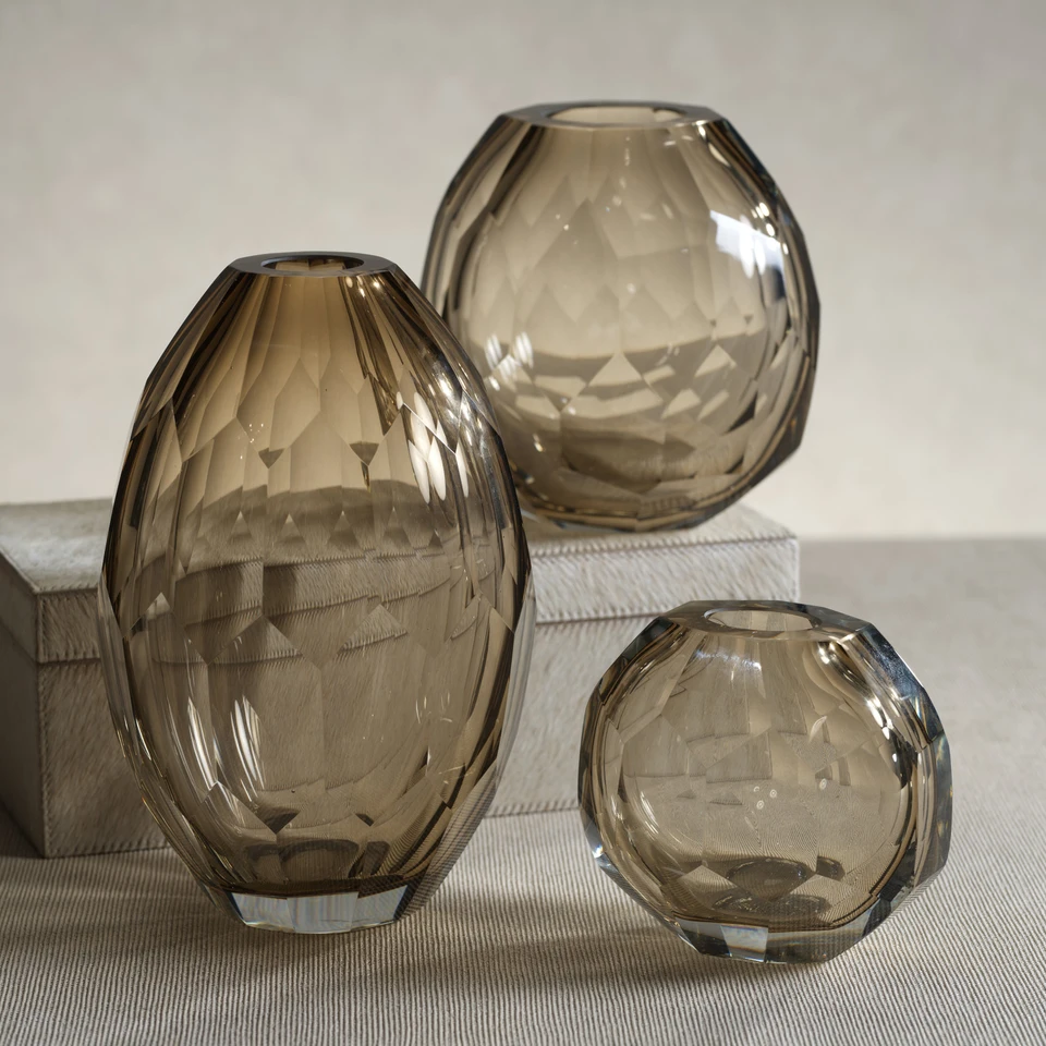 Nixon Taupe Hand Cut Glass Vase, Large - Vase Detail | Bone & Brass