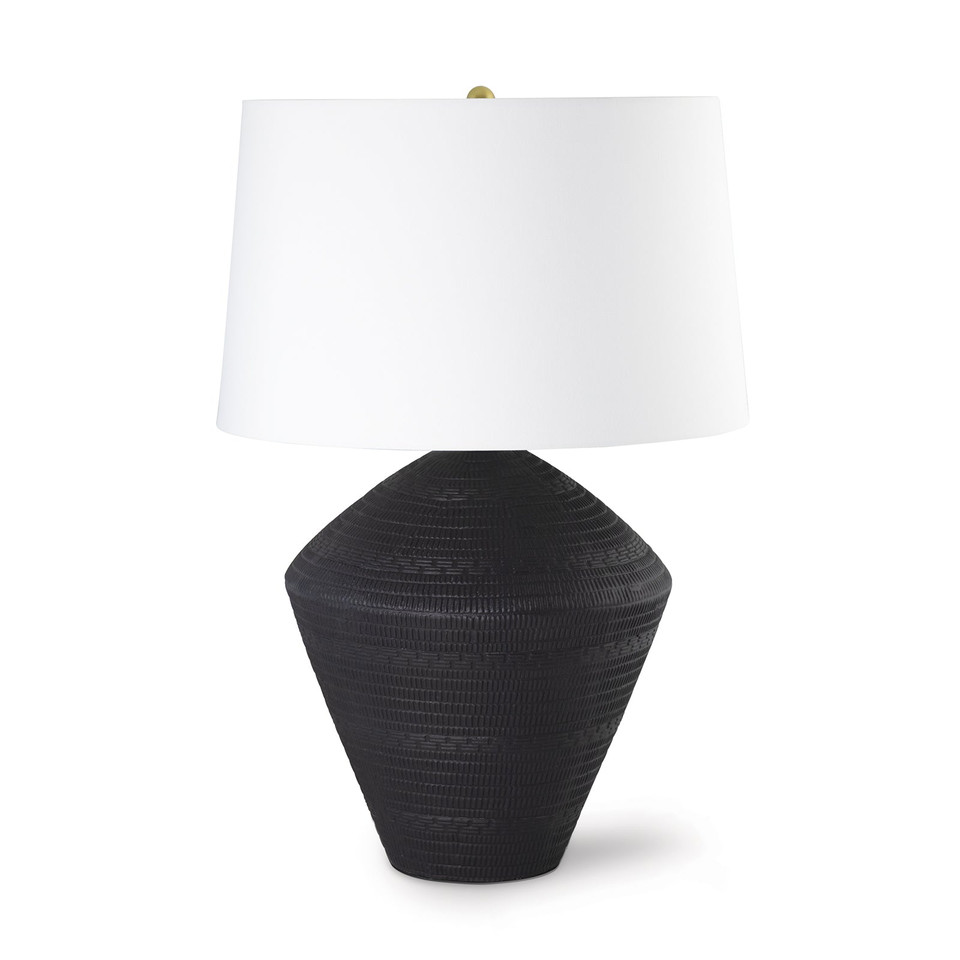 Soren Ceramic Table Lamp with a dark, textured earthenware base and a white linen shade.