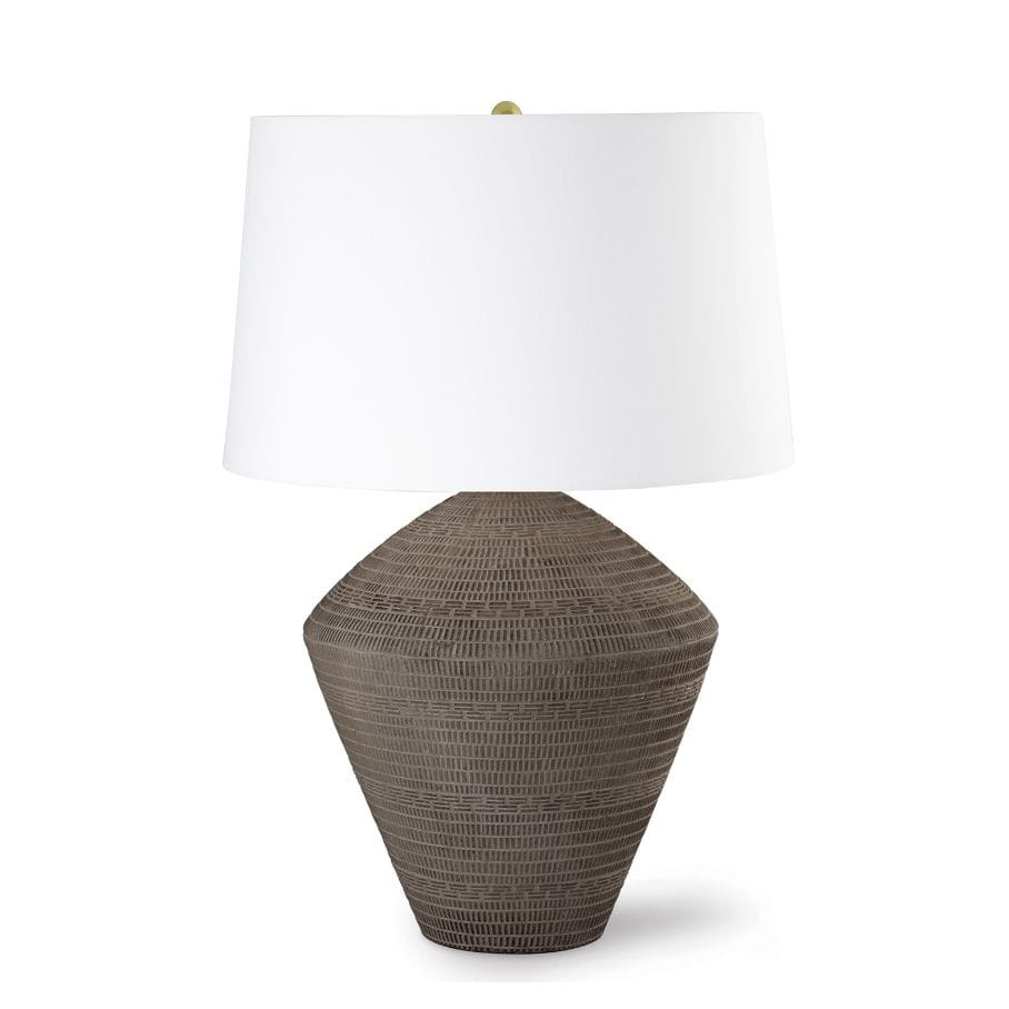 Soren Ceramic Table Lamp with a textured, dark brown earthenware base and a white linen shade.