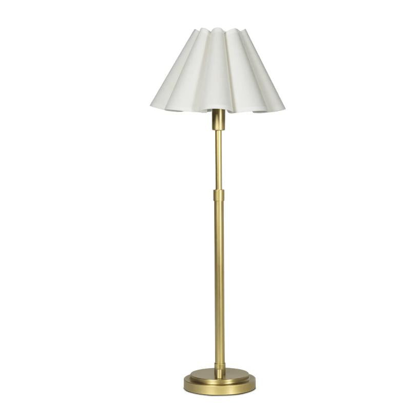 Polly Buffet Lamp with a white scalloped rattan shade and a brass-finished base.