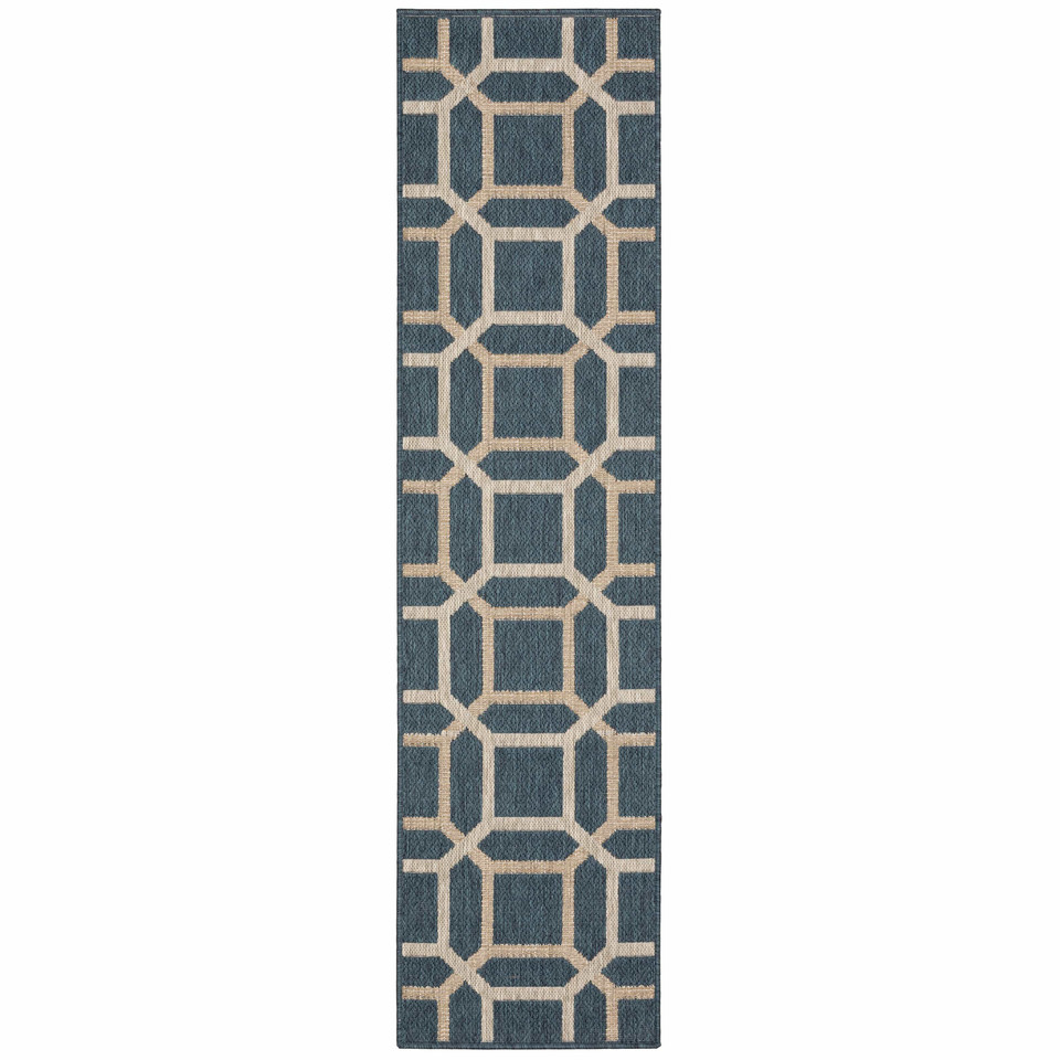 Latitude Blue & Grey Outdoor Rug, polypropylene, featuring a modern geometric pattern.