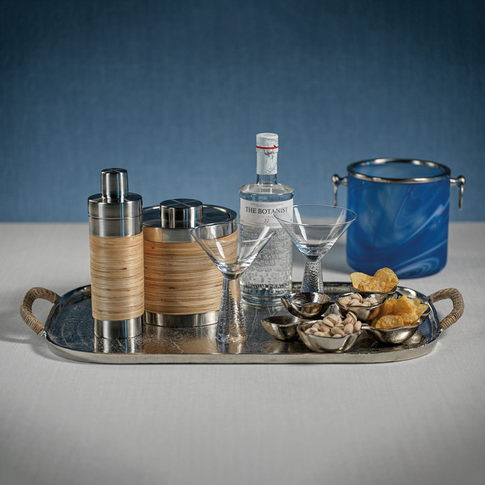 Mendocino Aluminum Tray Rattan Wrapped Handles - Tray Top View | Bone & Brass