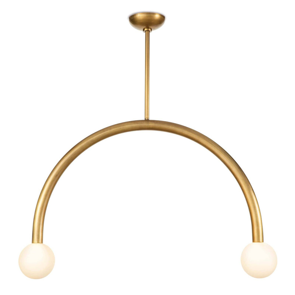 Happy Pendant Large Natural Brass light fixture with an arched metal frame and two matte white glass globes.