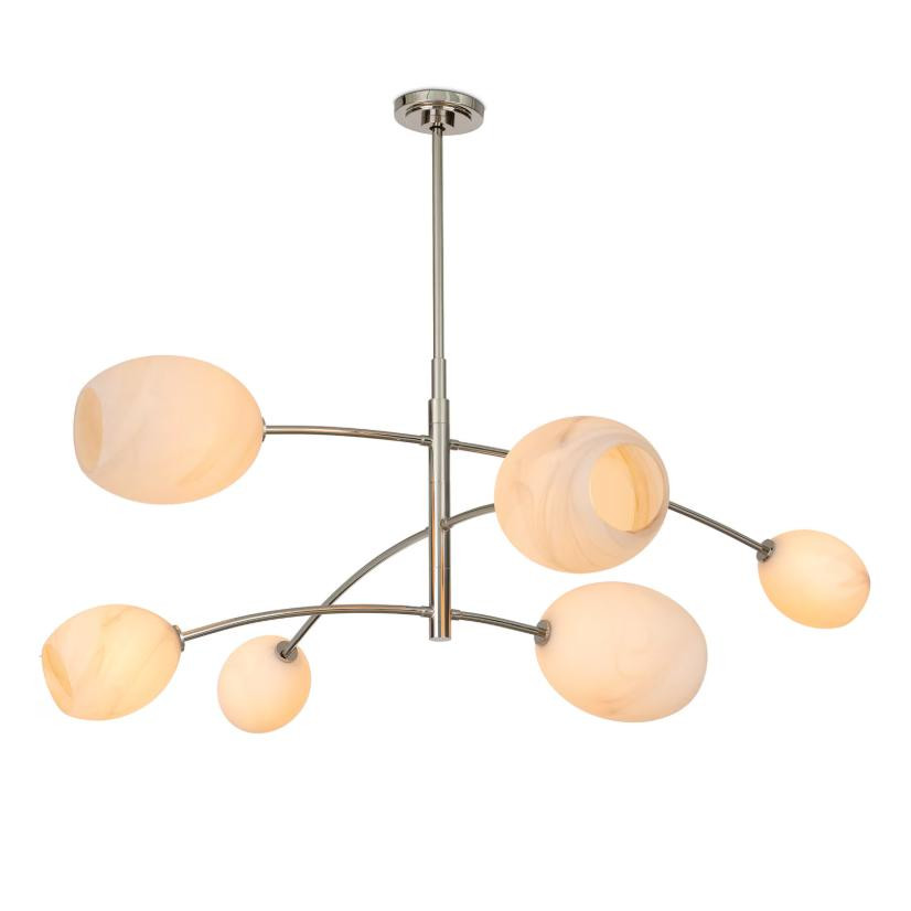 Artemis Chandelier: Modern polished nickel mobile design with six open-ended alabaster-like glass globes.