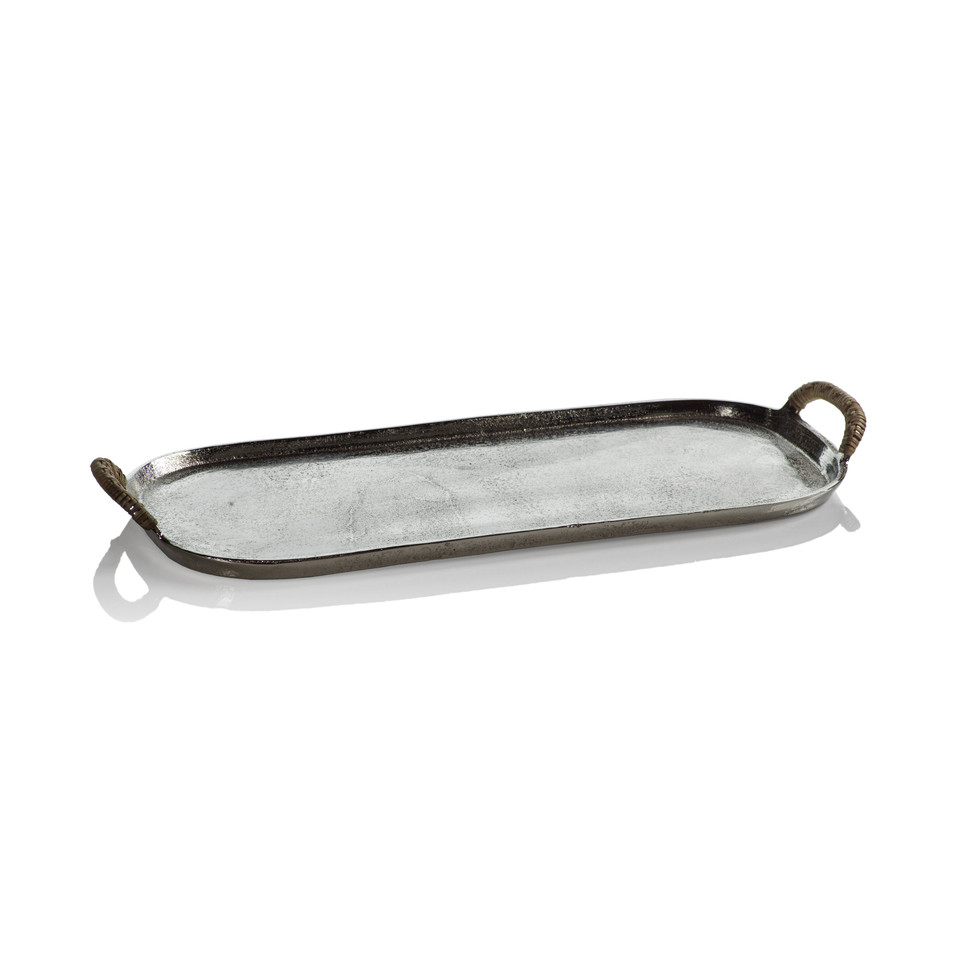 Praslin Raw Aluminum Tray with Cane Wrapped Handles | Bone & Brass
