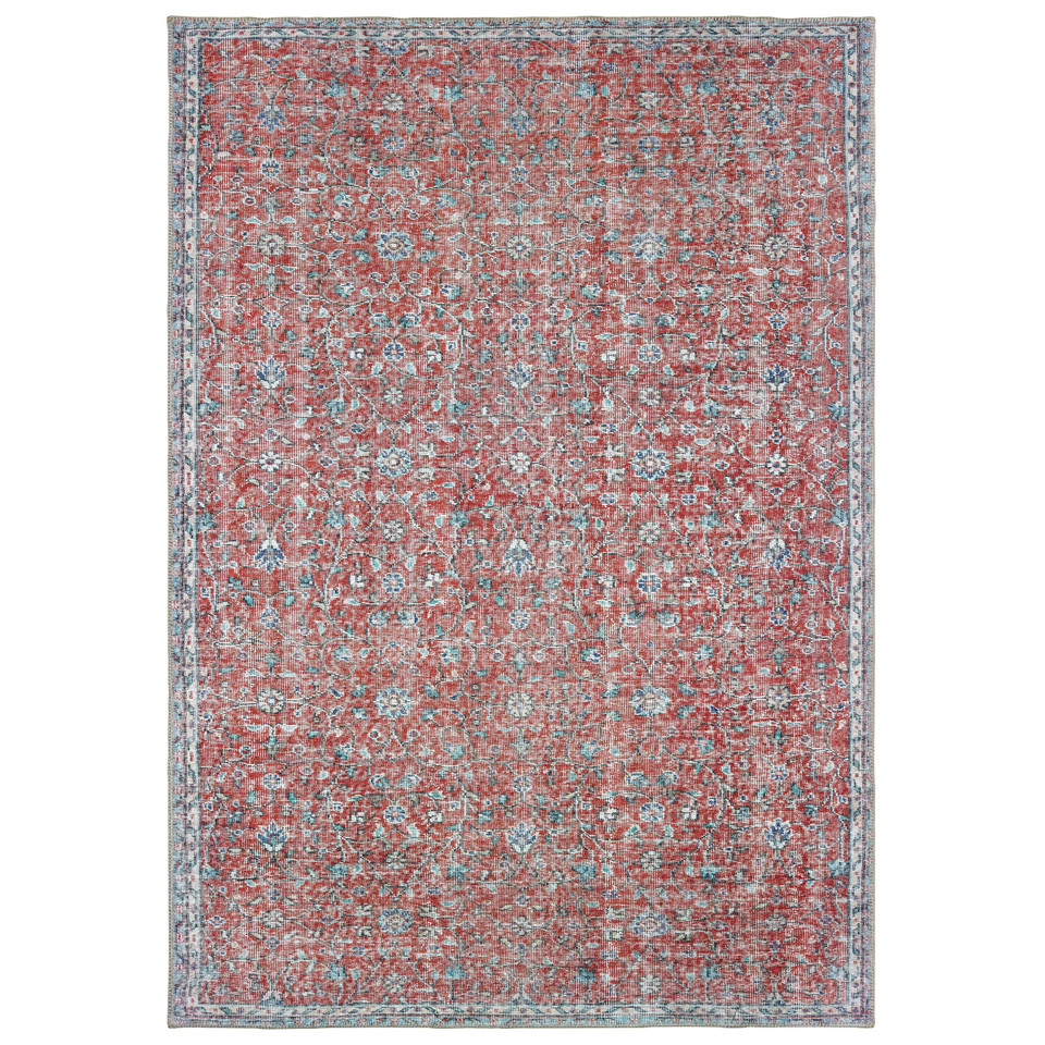 Sofia Red & Blue Casual Rug with distressed traditional pattern, machine-woven polyester chenille.
