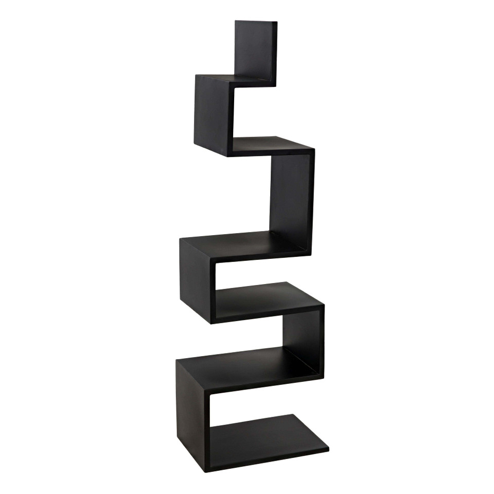 Black steel Laszlo bookcase with a unique zigzag, industrial-inspired design and five shelves.