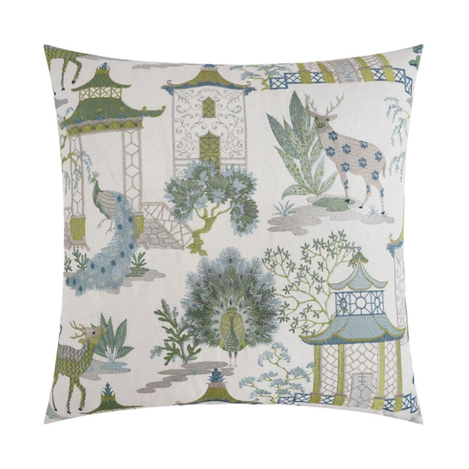Pelhaven 24" white throw pillow with blue and green embroidered chinoiserie peacocks, deer, and pagodas.