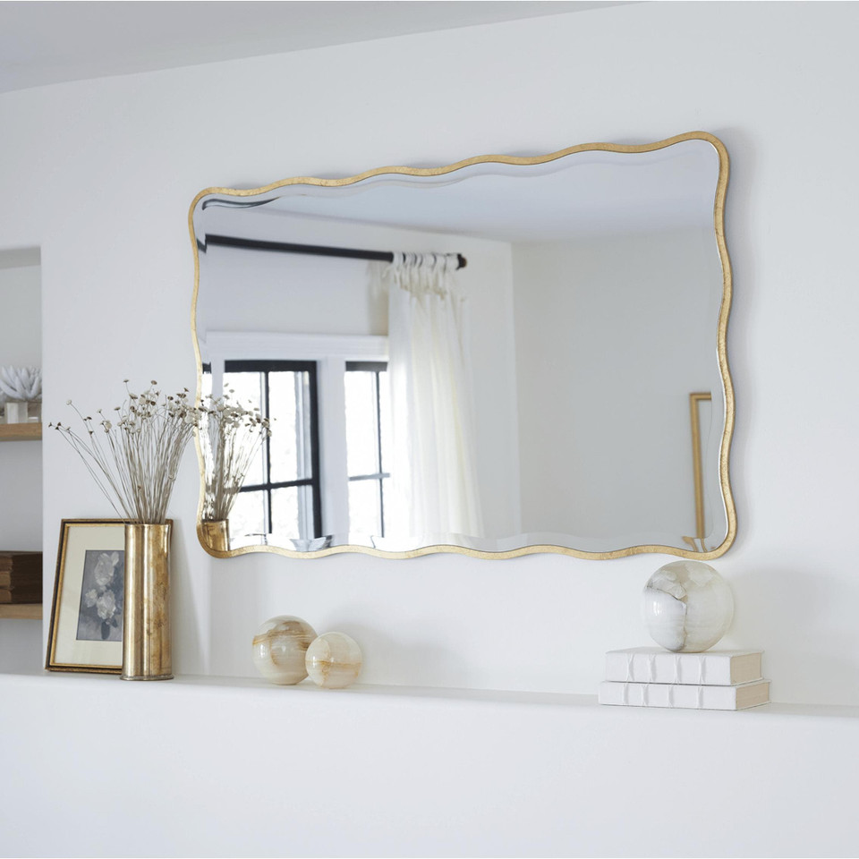 Candice Gold Leaf Rectangle Mirror with an undulating gilded frame and beveled edge, 44x28 inches.