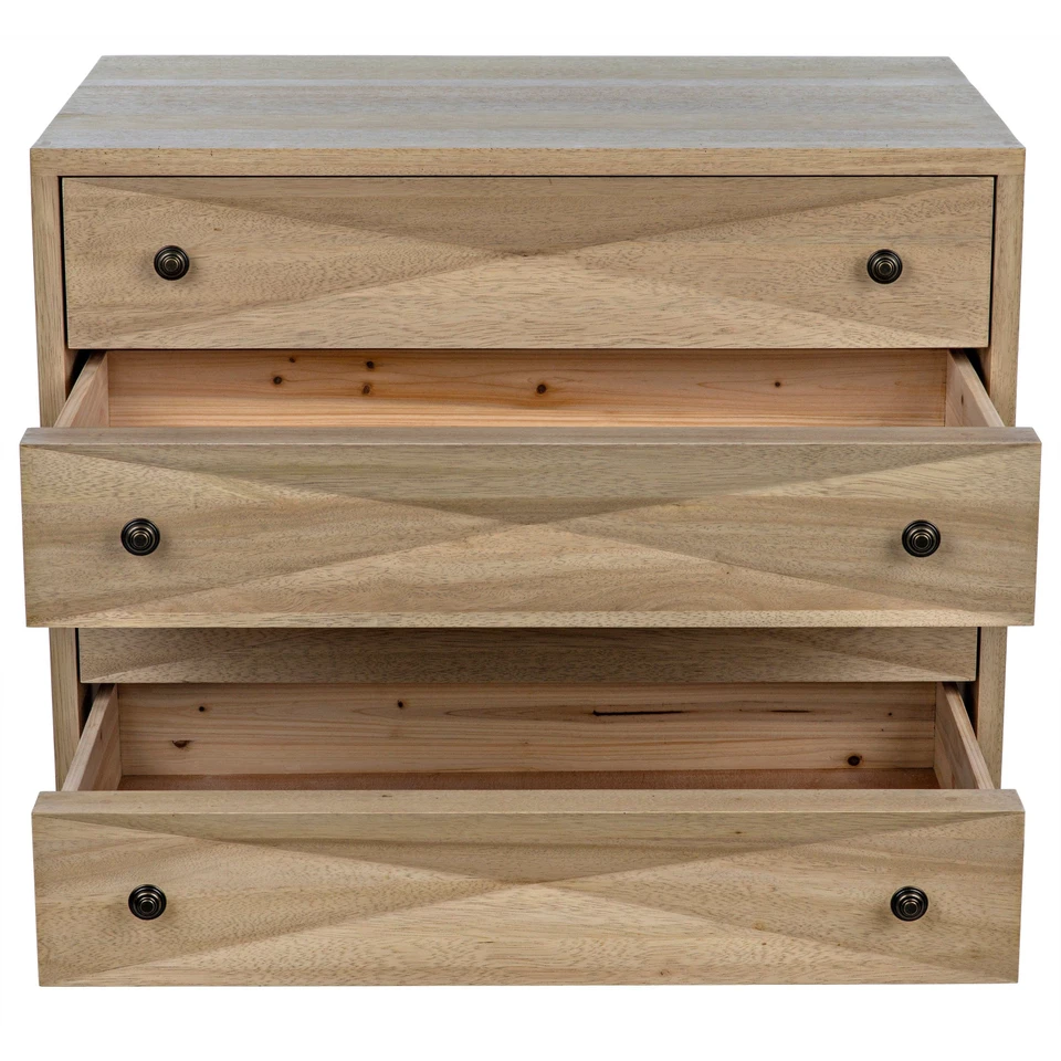 Washed walnut diamond chest with three open drawers, metal pulls, and peg legs.