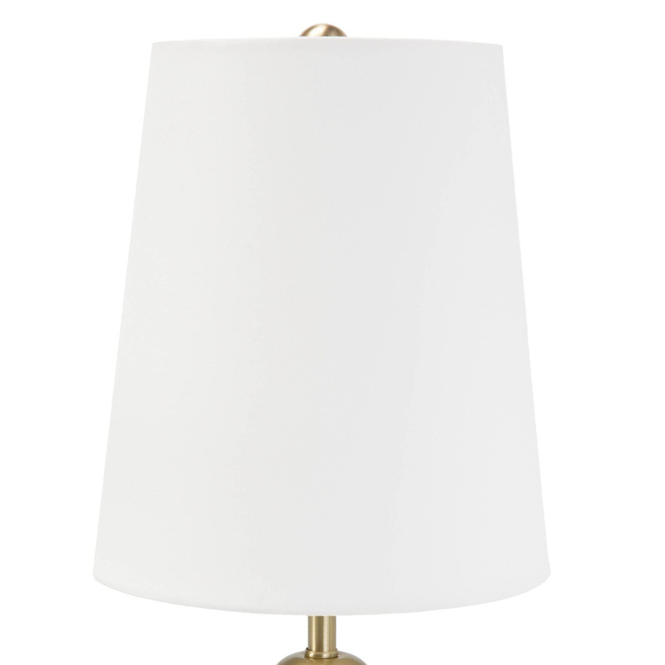Jared Alabaster Mini Lamp with an oval alabaster base, polished brass accents, and an elongated white linen shade.