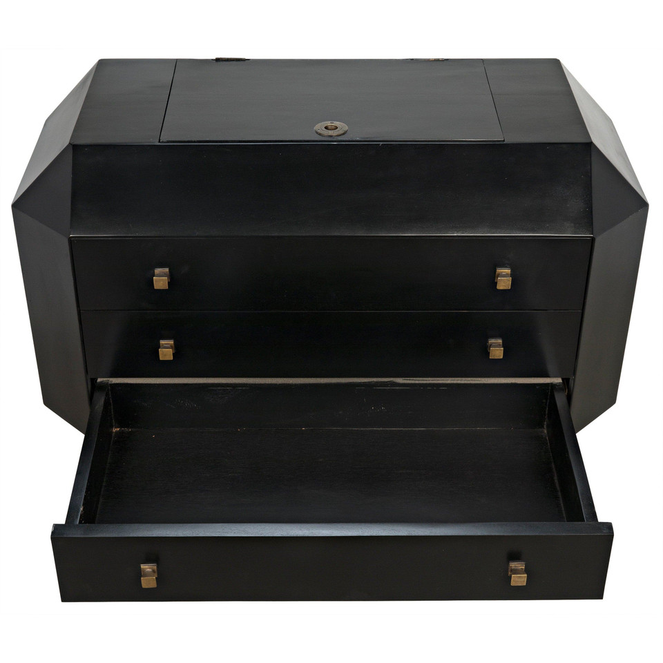 Black mahogany Rhiana vanity dresser with angled edges, three drawers, metal pulls, and a secret top compartment.