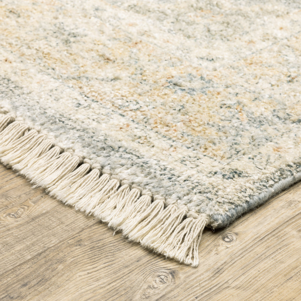 Malabar Beige & Grey Chenille Traditional Rug with fringe, showcasing hand-loomed texture and classic Persian design.