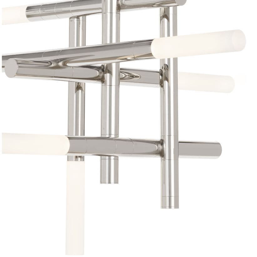 Modern Cass polished nickel chandelier with a grid-like form and frosted acrylic diffusers.